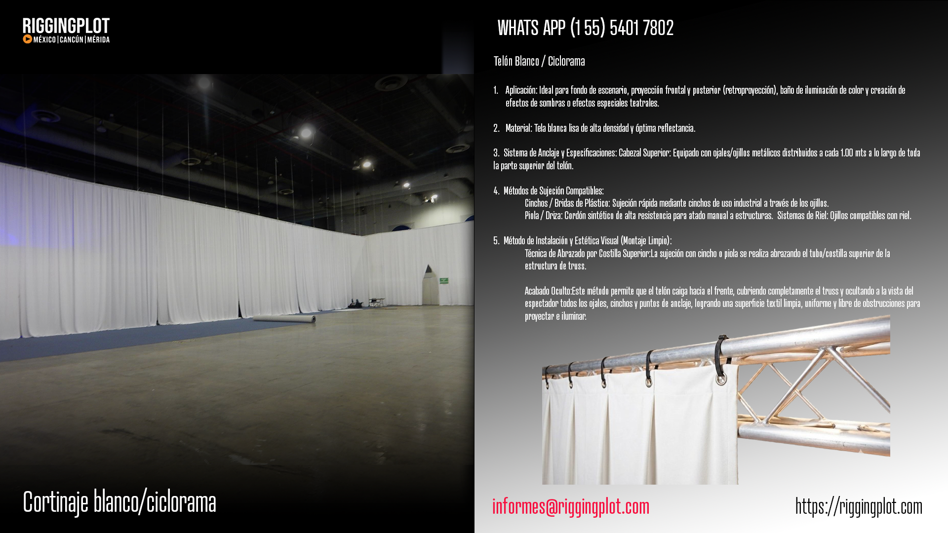 Telones, cortinaje blanco, afores negros para eventos, escenarios, exposiciones, obras, etc.